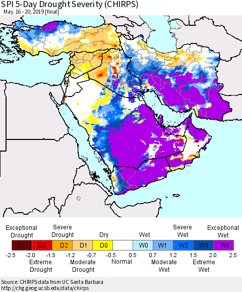 Middle East and Turkey SPI 5-Day Drought Severity (CHIRPS) Thematic Map For 5/16/2019 - 5/20/2019