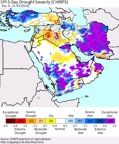 Middle East and Turkey SPI 5-Day Drought Severity (CHIRPS) Thematic Map For 5/21/2019 - 5/25/2019