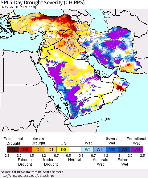 Middle East and Turkey SPI 5-Day Drought Severity (CHIRPS) Thematic Map For 5/26/2019 - 5/31/2019