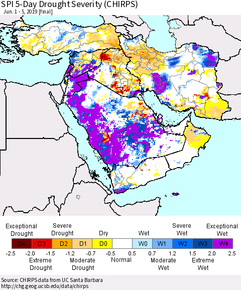 Middle East and Turkey SPI 5-Day Drought Severity (CHIRPS) Thematic Map For 6/1/2019 - 6/5/2019