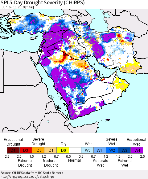 Middle East and Turkey SPI 5-Day Drought Severity (CHIRPS) Thematic Map For 6/6/2019 - 6/10/2019