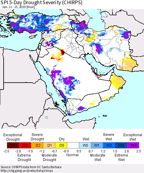 Middle East and Turkey SPI 5-Day Drought Severity (CHIRPS) Thematic Map For 6/11/2019 - 6/15/2019