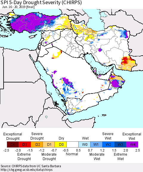 Middle East and Turkey SPI 5-Day Drought Severity (CHIRPS) Thematic Map For 6/16/2019 - 6/20/2019