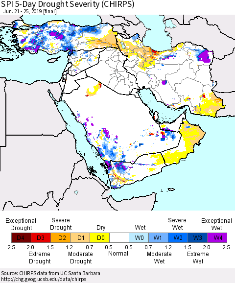 Middle East and Turkey SPI 5-Day Drought Severity (CHIRPS) Thematic Map For 6/21/2019 - 6/25/2019