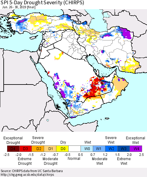 Middle East and Turkey SPI 5-Day Drought Severity (CHIRPS) Thematic Map For 6/26/2019 - 6/30/2019