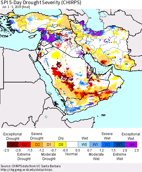 Middle East and Turkey SPI 5-Day Drought Severity (CHIRPS) Thematic Map For 7/1/2019 - 7/5/2019