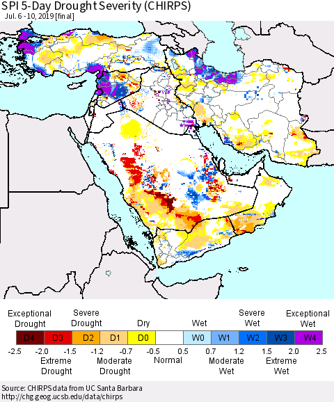 Middle East and Turkey SPI 5-Day Drought Severity (CHIRPS) Thematic Map For 7/6/2019 - 7/10/2019