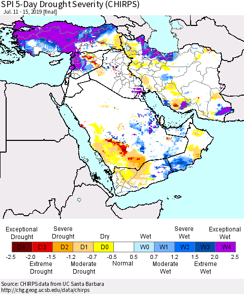 Middle East and Turkey SPI 5-Day Drought Severity (CHIRPS) Thematic Map For 7/11/2019 - 7/15/2019