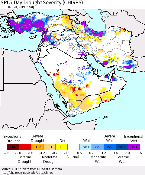 Middle East and Turkey SPI 5-Day Drought Severity (CHIRPS) Thematic Map For 7/16/2019 - 7/20/2019