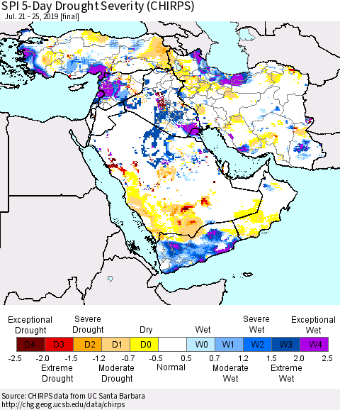 Middle East and Turkey SPI 5-Day Drought Severity (CHIRPS) Thematic Map For 7/21/2019 - 7/25/2019