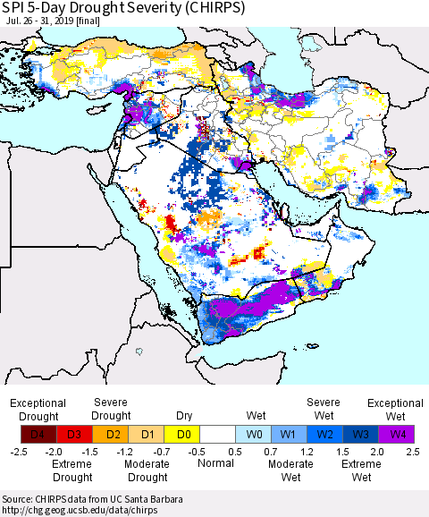 Middle East and Turkey SPI 5-Day Drought Severity (CHIRPS) Thematic Map For 7/26/2019 - 7/31/2019