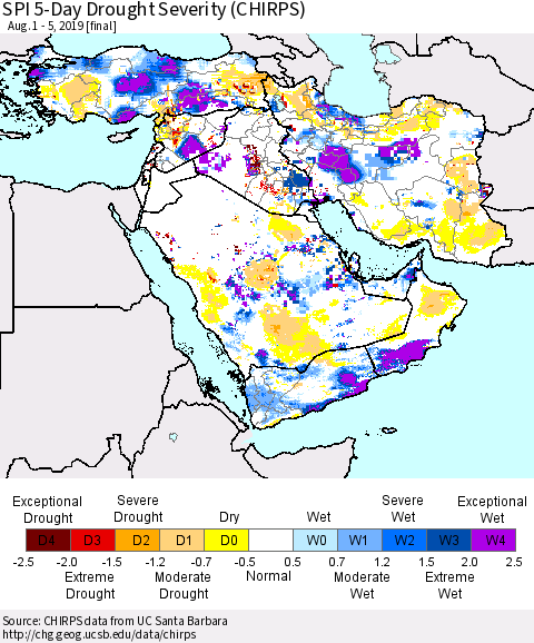 Middle East and Turkey SPI 5-Day Drought Severity (CHIRPS) Thematic Map For 8/1/2019 - 8/5/2019