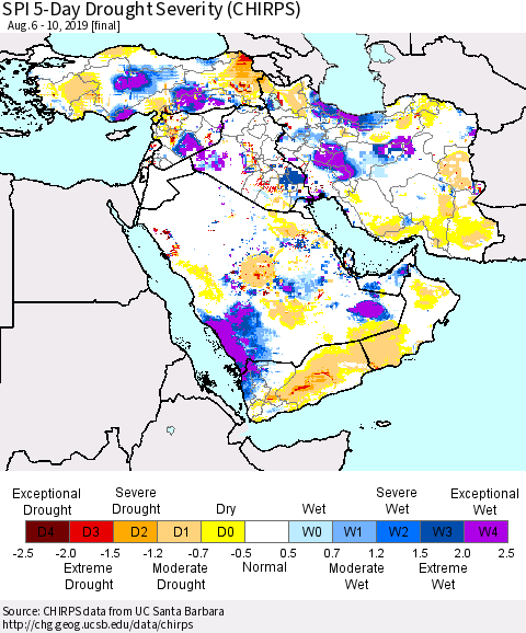 Middle East and Turkey SPI 5-Day Drought Severity (CHIRPS) Thematic Map For 8/6/2019 - 8/10/2019