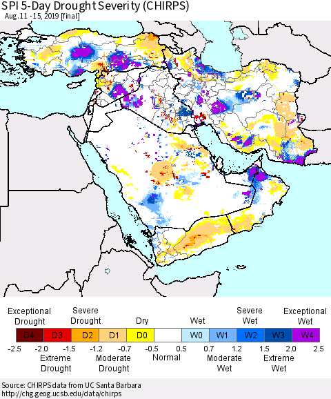 Middle East and Turkey SPI 5-Day Drought Severity (CHIRPS) Thematic Map For 8/11/2019 - 8/15/2019