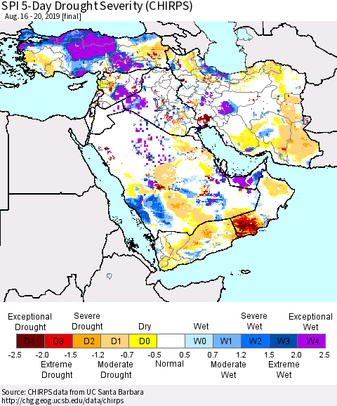 Middle East and Turkey SPI 5-Day Drought Severity (CHIRPS) Thematic Map For 8/16/2019 - 8/20/2019