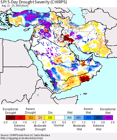 Middle East and Turkey SPI 5-Day Drought Severity (CHIRPS) Thematic Map For 8/21/2019 - 8/25/2019