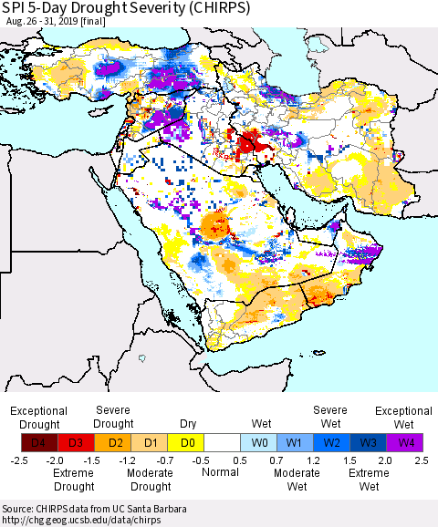 Middle East and Turkey SPI 5-Day Drought Severity (CHIRPS) Thematic Map For 8/26/2019 - 8/31/2019