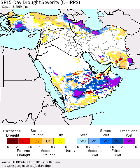 Middle East and Turkey SPI 5-Day Drought Severity (CHIRPS) Thematic Map For 9/1/2019 - 9/5/2019