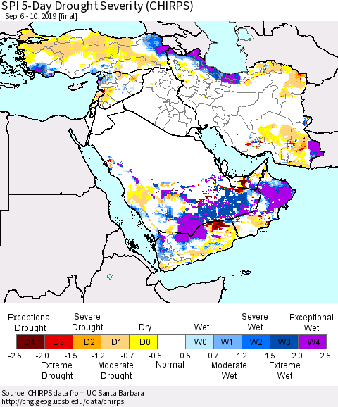 Middle East and Turkey SPI 5-Day Drought Severity (CHIRPS) Thematic Map For 9/6/2019 - 9/10/2019