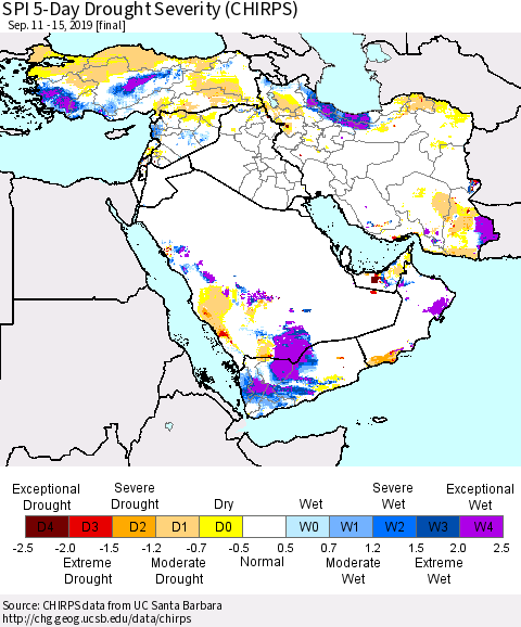 Middle East and Turkey SPI 5-Day Drought Severity (CHIRPS) Thematic Map For 9/11/2019 - 9/15/2019