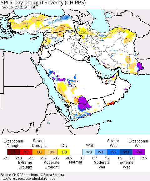 Middle East and Turkey SPI 5-Day Drought Severity (CHIRPS) Thematic Map For 9/16/2019 - 9/20/2019