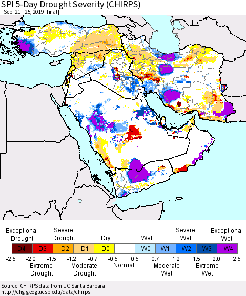 Middle East and Turkey SPI 5-Day Drought Severity (CHIRPS) Thematic Map For 9/21/2019 - 9/25/2019