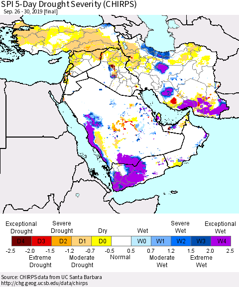 Middle East and Turkey SPI 5-Day Drought Severity (CHIRPS) Thematic Map For 9/26/2019 - 9/30/2019