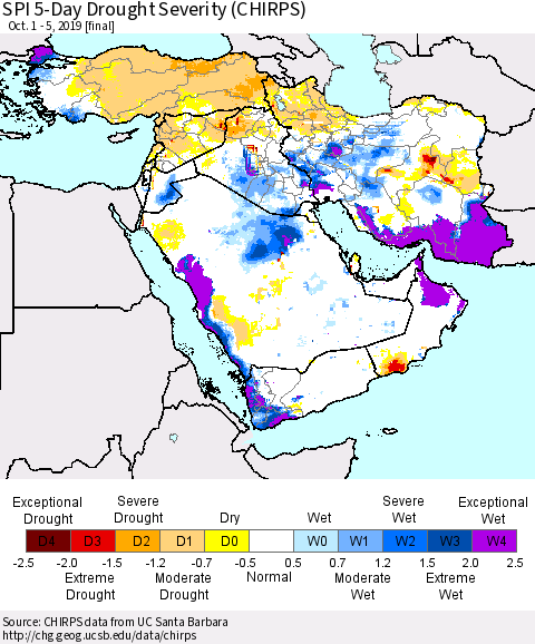Middle East and Turkey SPI 5-Day Drought Severity (CHIRPS) Thematic Map For 10/1/2019 - 10/5/2019