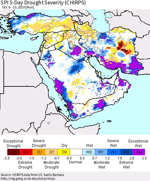 Middle East and Turkey SPI 5-Day Drought Severity (CHIRPS) Thematic Map For 10/6/2019 - 10/10/2019