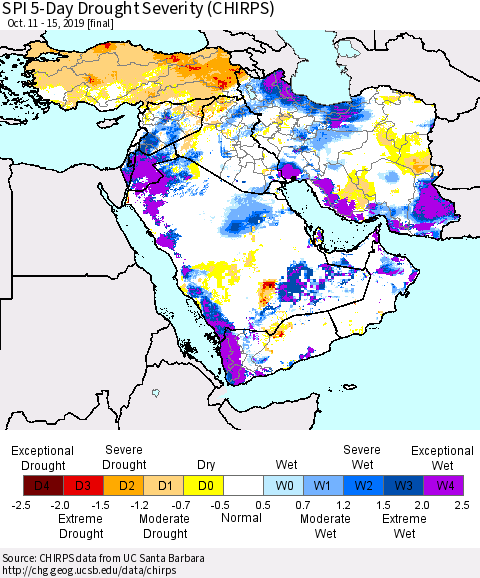 Middle East and Turkey SPI 5-Day Drought Severity (CHIRPS) Thematic Map For 10/11/2019 - 10/15/2019