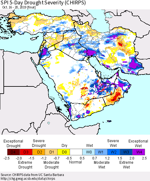 Middle East and Turkey SPI 5-Day Drought Severity (CHIRPS) Thematic Map For 10/16/2019 - 10/20/2019