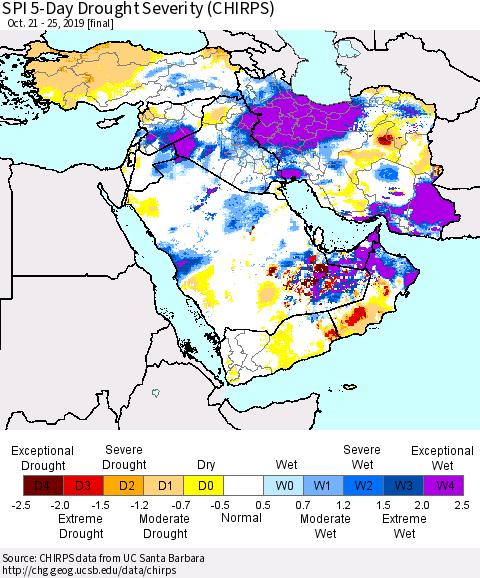 Middle East and Turkey SPI 5-Day Drought Severity (CHIRPS) Thematic Map For 10/21/2019 - 10/25/2019