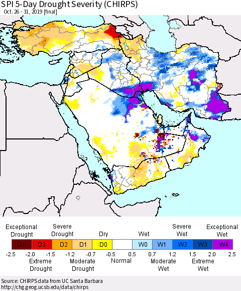 Middle East and Turkey SPI 5-Day Drought Severity (CHIRPS) Thematic Map For 10/26/2019 - 10/31/2019