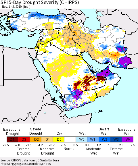Middle East and Turkey SPI 5-Day Drought Severity (CHIRPS) Thematic Map For 11/1/2019 - 11/5/2019