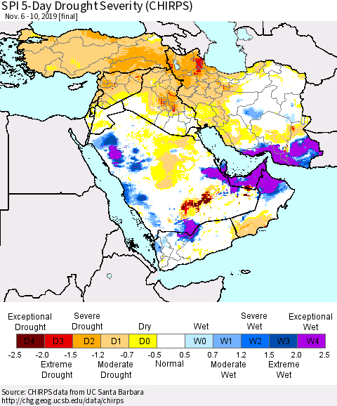 Middle East and Turkey SPI 5-Day Drought Severity (CHIRPS) Thematic Map For 11/6/2019 - 11/10/2019
