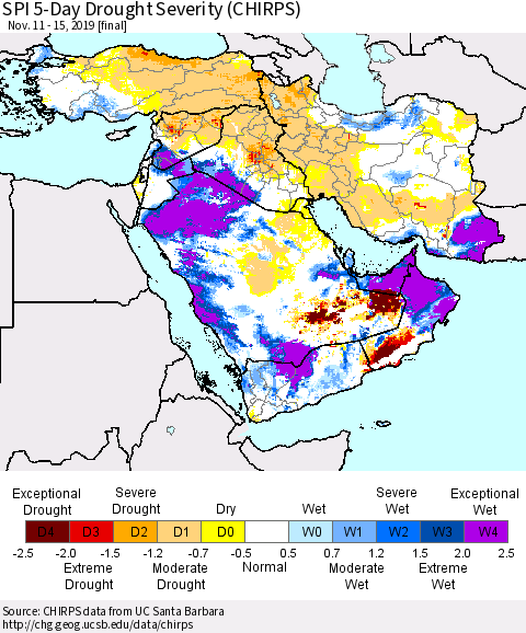 Middle East and Turkey SPI 5-Day Drought Severity (CHIRPS) Thematic Map For 11/11/2019 - 11/15/2019