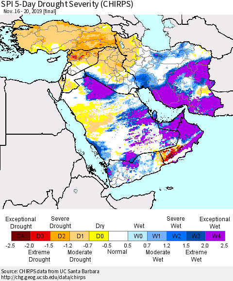 Middle East and Turkey SPI 5-Day Drought Severity (CHIRPS) Thematic Map For 11/16/2019 - 11/20/2019