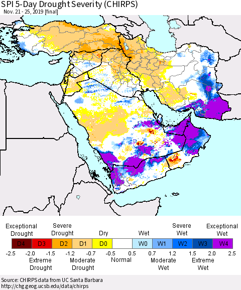 Middle East and Turkey SPI 5-Day Drought Severity (CHIRPS) Thematic Map For 11/21/2019 - 11/25/2019