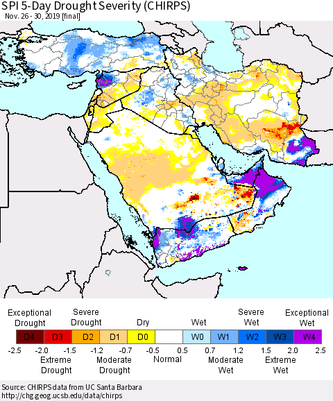 Middle East and Turkey SPI 5-Day Drought Severity (CHIRPS) Thematic Map For 11/26/2019 - 11/30/2019