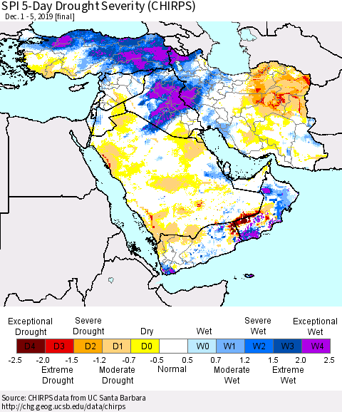 Middle East and Turkey SPI 5-Day Drought Severity (CHIRPS) Thematic Map For 12/1/2019 - 12/5/2019