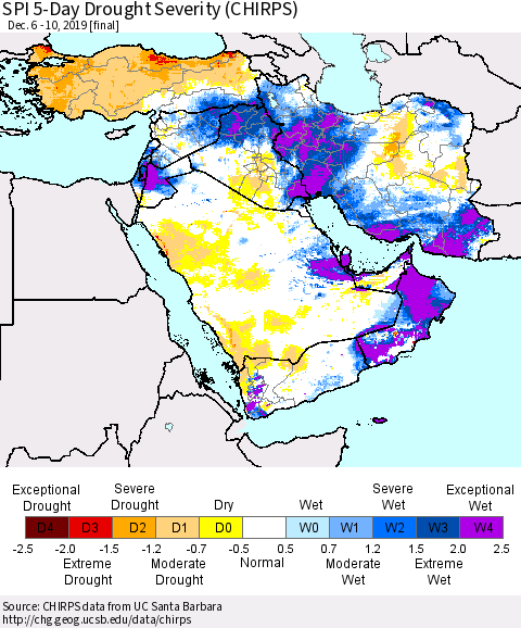 Middle East and Turkey SPI 5-Day Drought Severity (CHIRPS) Thematic Map For 12/6/2019 - 12/10/2019