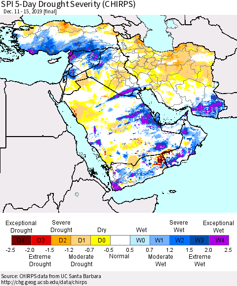 Middle East and Turkey SPI 5-Day Drought Severity (CHIRPS) Thematic Map For 12/11/2019 - 12/15/2019
