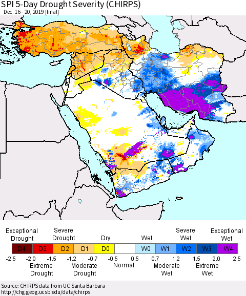 Middle East and Turkey SPI 5-Day Drought Severity (CHIRPS) Thematic Map For 12/16/2019 - 12/20/2019