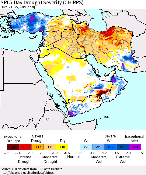 Middle East and Turkey SPI 5-Day Drought Severity (CHIRPS) Thematic Map For 12/21/2019 - 12/25/2019