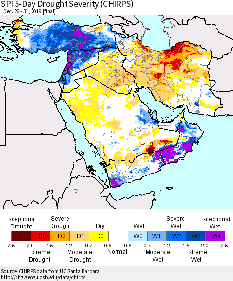 Middle East and Turkey SPI 5-Day Drought Severity (CHIRPS) Thematic Map For 12/26/2019 - 12/31/2019
