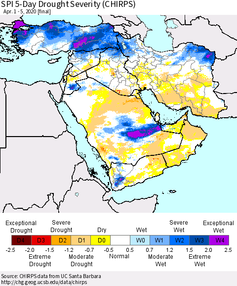 Middle East and Turkey SPI 5-Day Drought Severity (CHIRPS) Thematic Map For 4/1/2020 - 4/5/2020