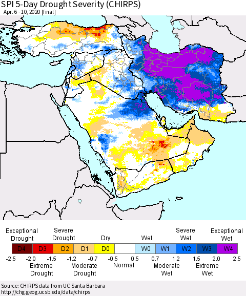 Middle East and Turkey SPI 5-Day Drought Severity (CHIRPS) Thematic Map For 4/6/2020 - 4/10/2020