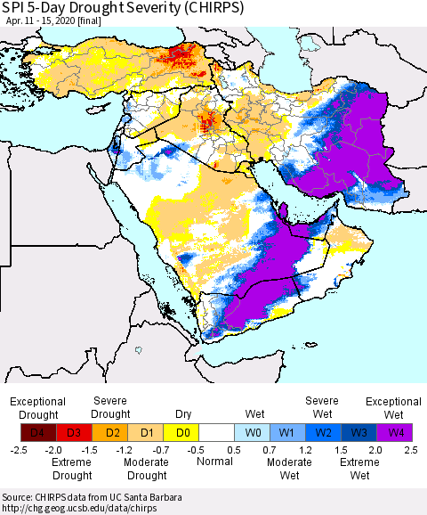 Middle East and Turkey SPI 5-Day Drought Severity (CHIRPS) Thematic Map For 4/11/2020 - 4/15/2020