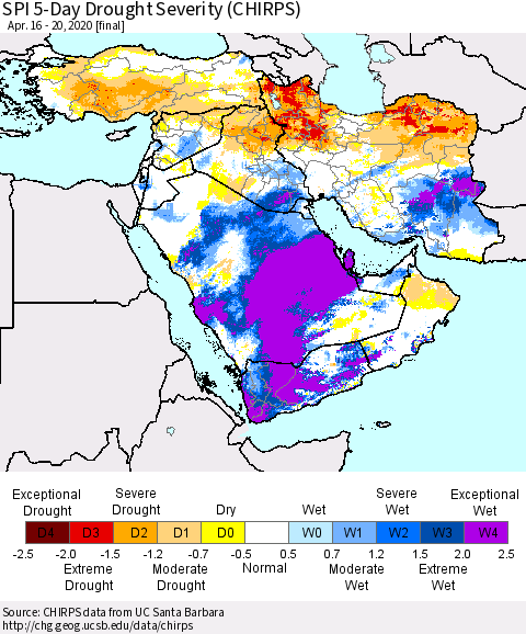 Middle East and Turkey SPI 5-Day Drought Severity (CHIRPS) Thematic Map For 4/16/2020 - 4/20/2020