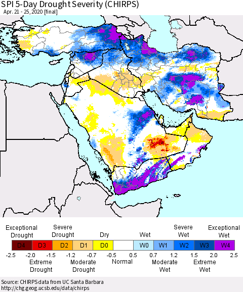 Middle East and Turkey SPI 5-Day Drought Severity (CHIRPS) Thematic Map For 4/21/2020 - 4/25/2020